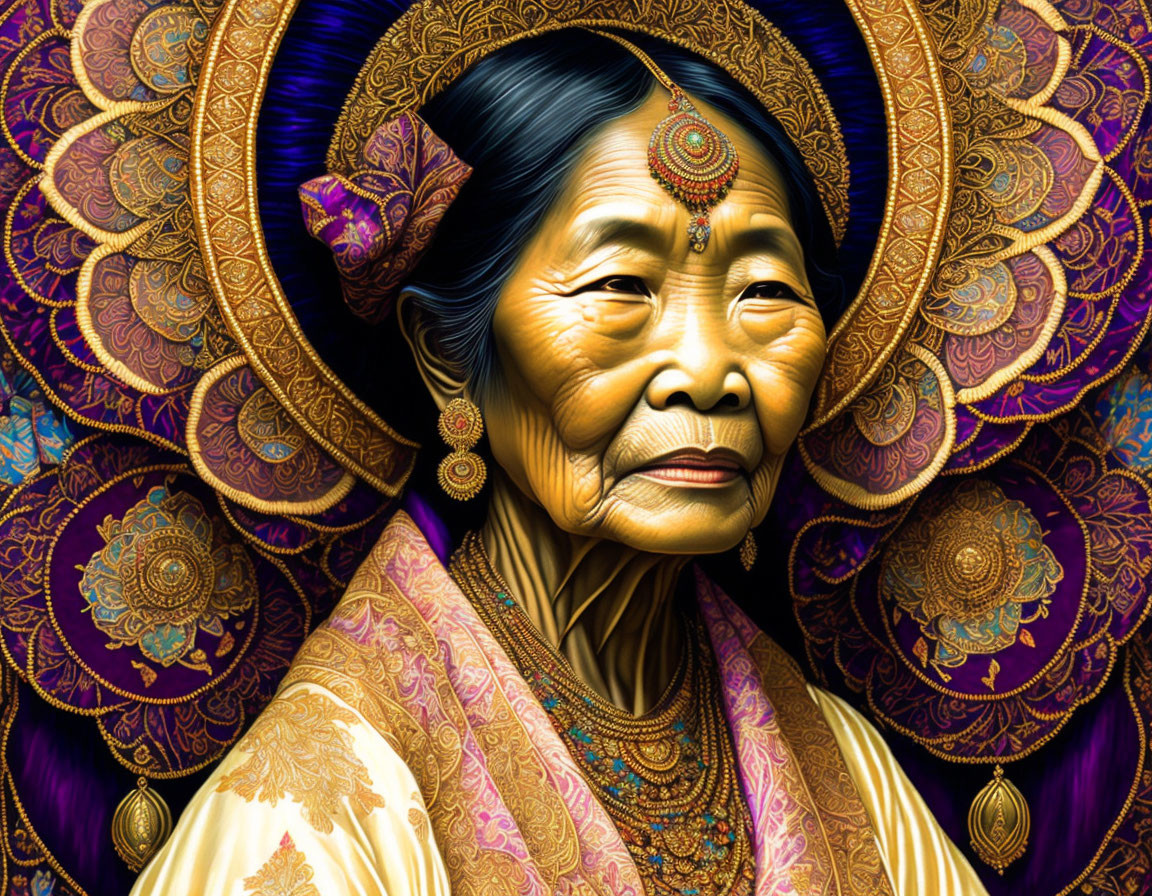 Elderly woman in ornate headpiece and traditional attire with rich golden colors and intricate patterns.