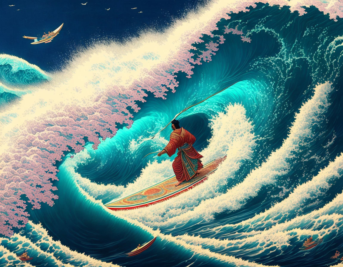 Colorful Surfing Illustration with Traditional Board and Boat in Dynamic Sky