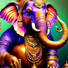 Vibrant blue and purple decorated elephant with Indian jewelry and ornaments