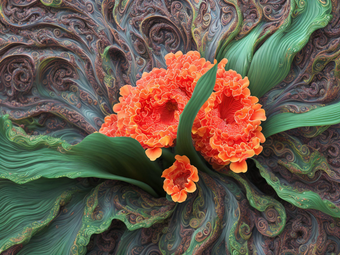 Vibrant Orange Flowers in Green and Brown Swirls