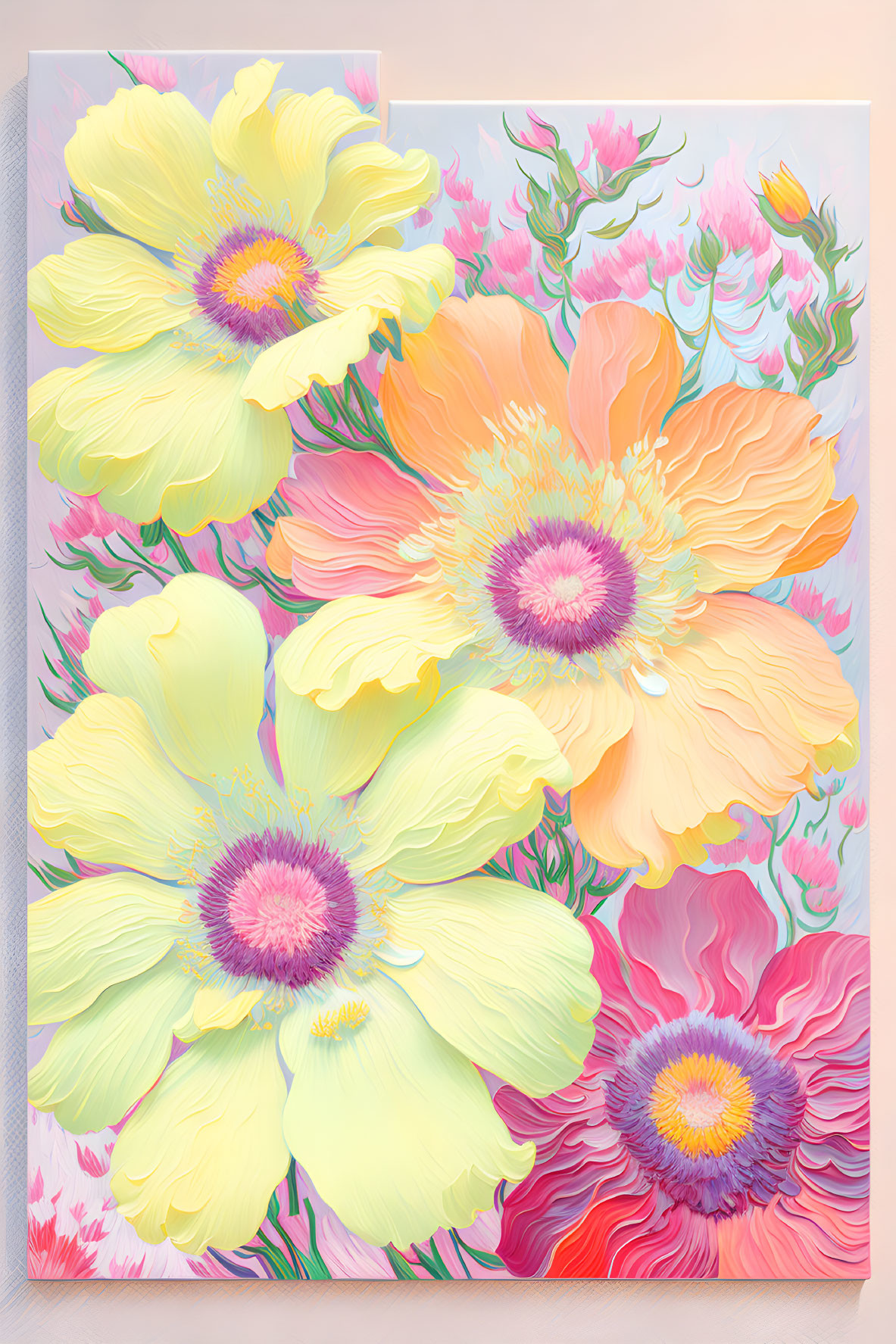 Colorful Textured Artwork: Oversized Blossoming Flowers in Yellow, Orange, and Pink