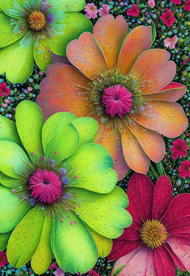 Colorful Digital Art: Stylized Flowers in Orange, Green, and Pink