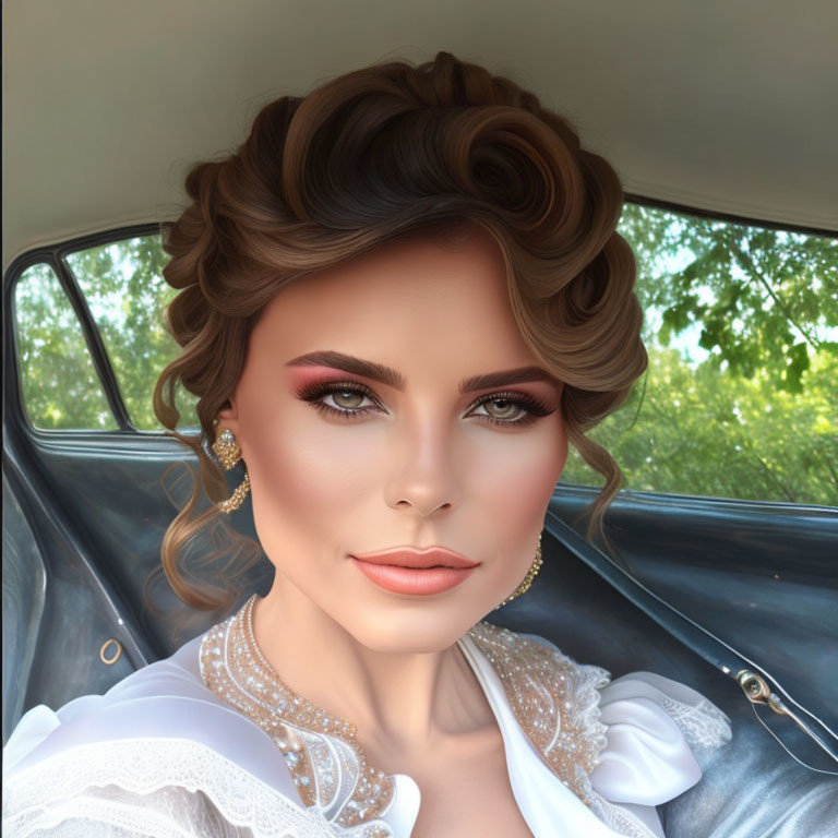 Stylish woman in white dress with pearl earrings in vintage car