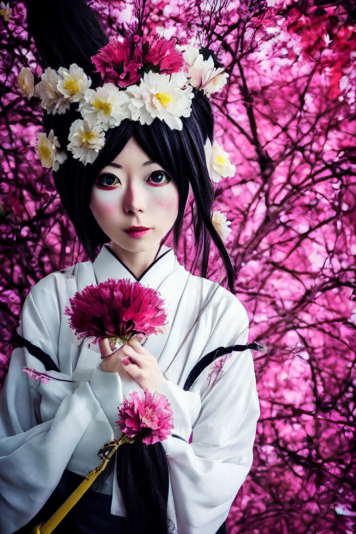 Cosplayer in floral headdress and traditional attire among pink blossoms