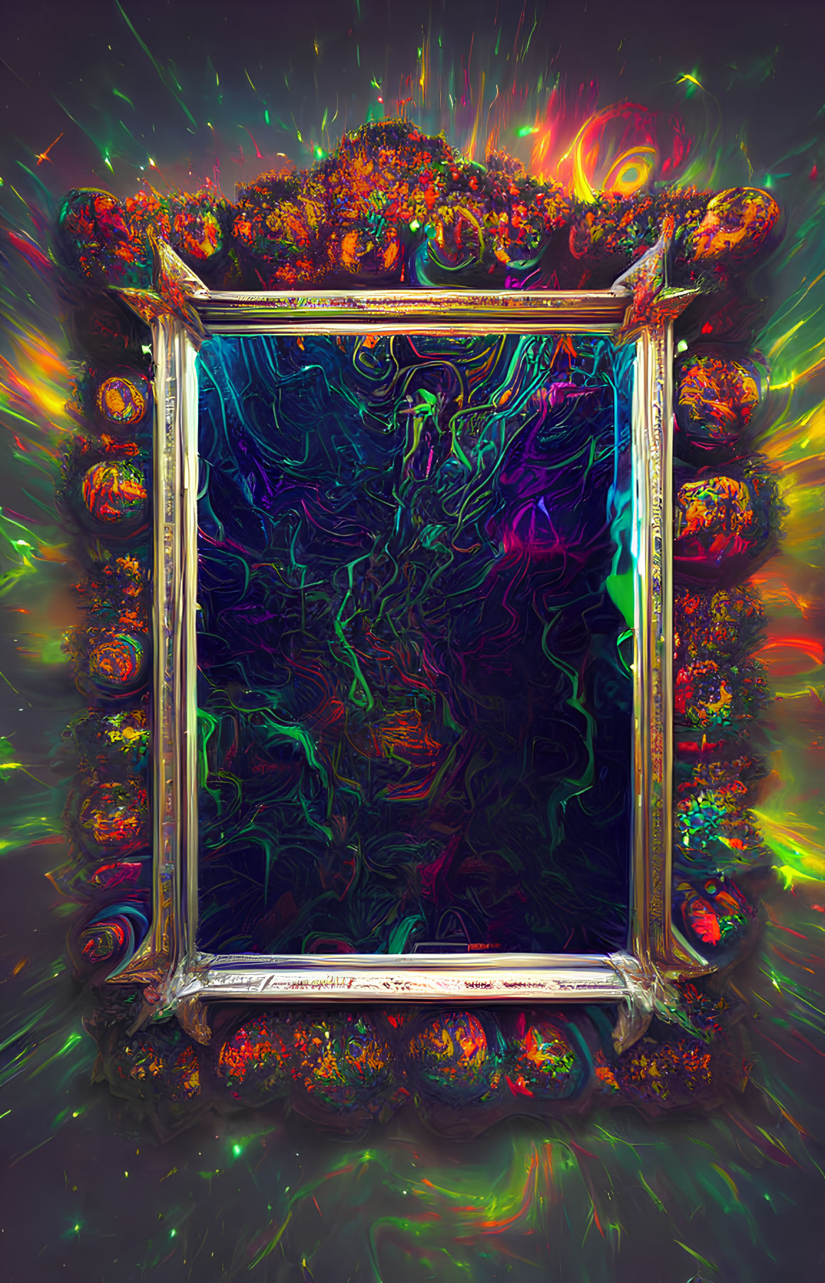 Vibrant psychedelic swirl in ornate golden frame on dark background