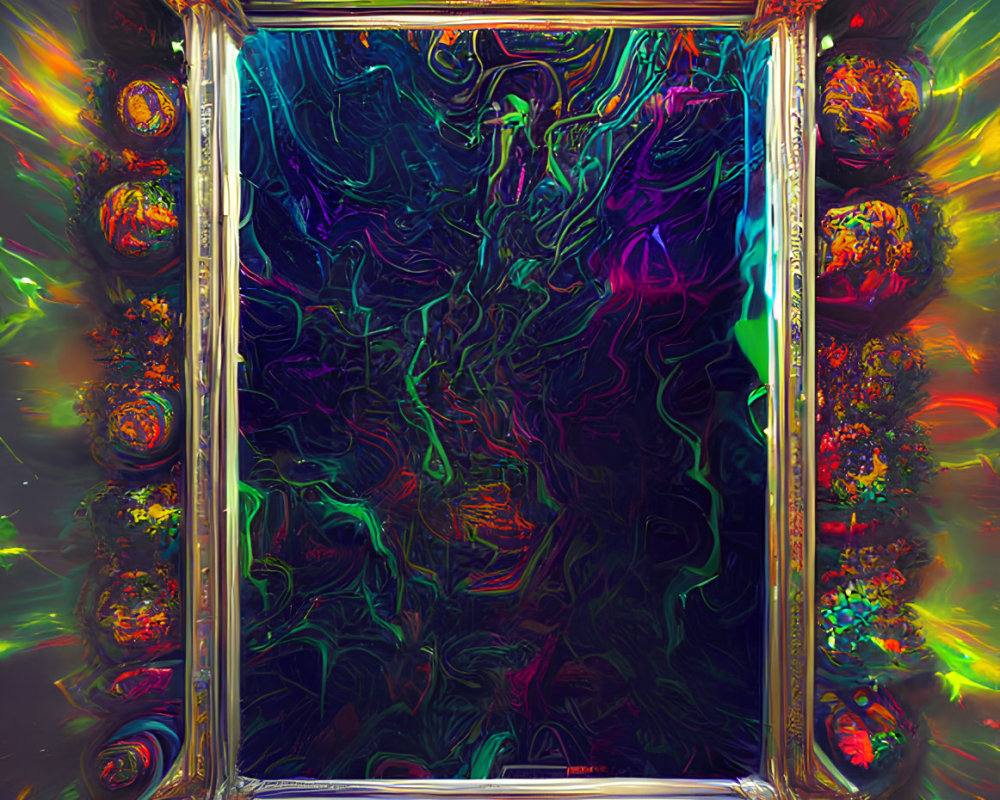 Vibrant psychedelic swirl in ornate golden frame on dark background