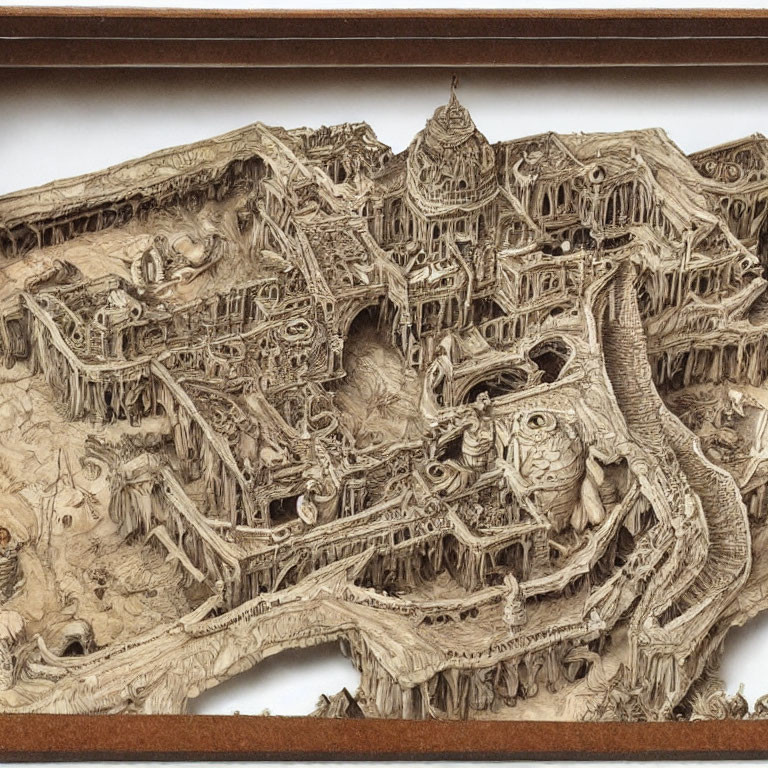 Detailed 3D wooden relief carving of ancient city with dragon