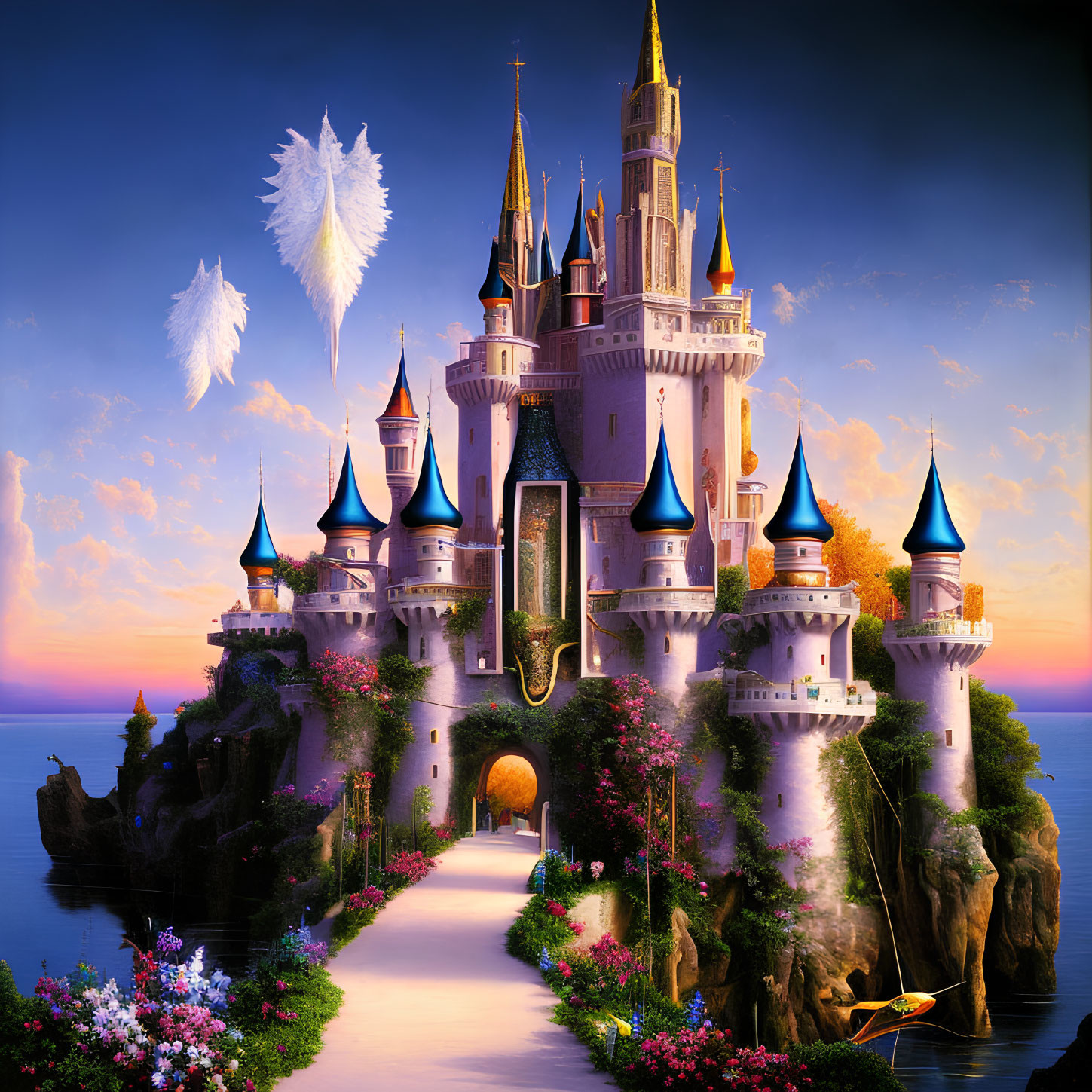 Majestic castle on cliff with spires, floating feather, pathway, boat at sunset