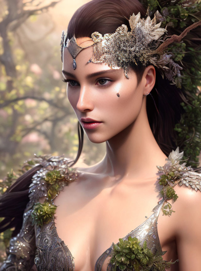 Fantasy styled portrait of a woman with leafy headdress and silver armor