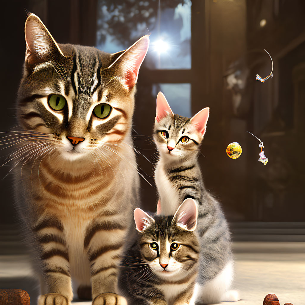 Three striped cats with green eyes by a sunny window, with whimsical floating elements.