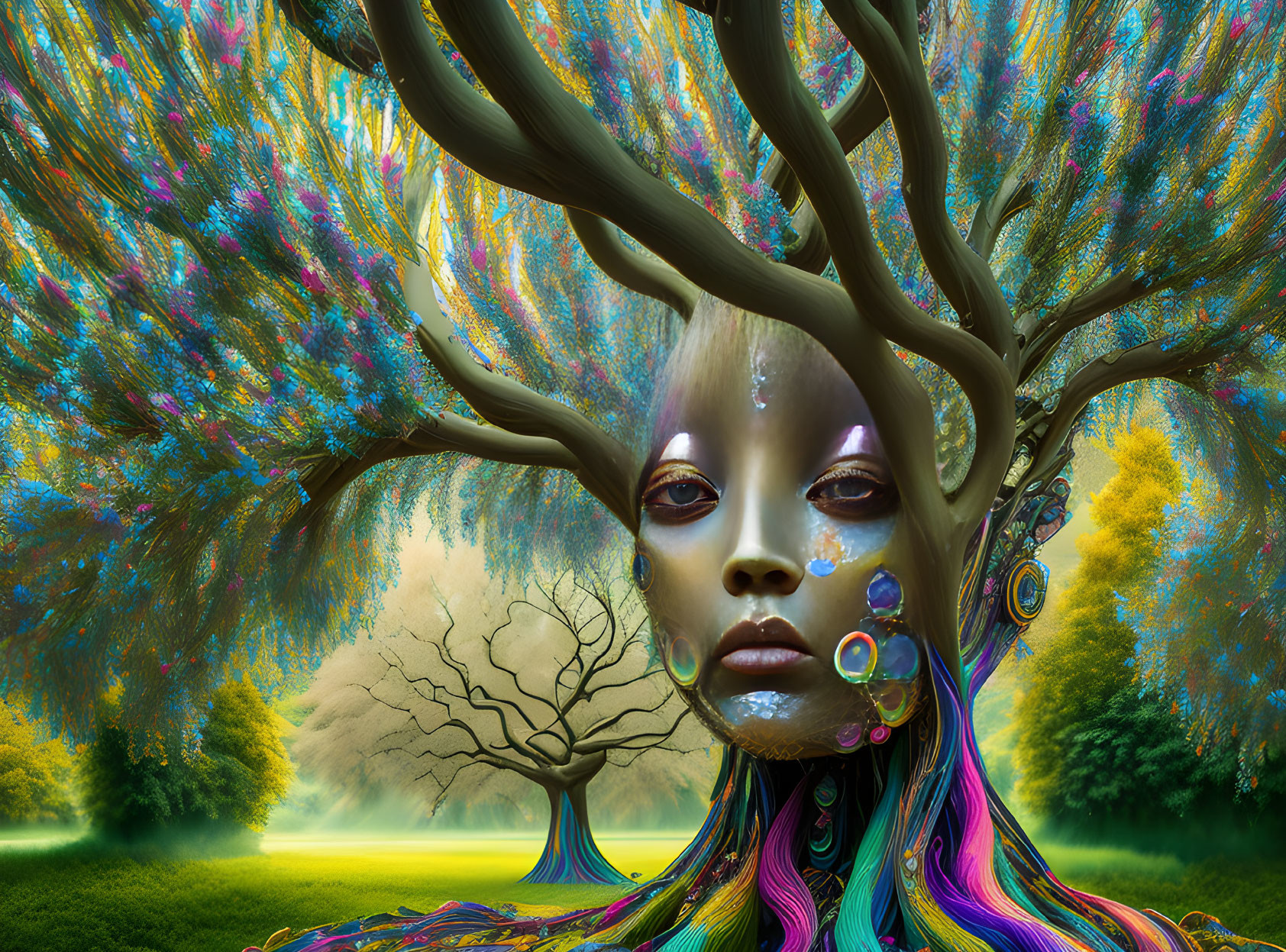 Surreal female figure with tree-like features in vibrant forest landscape