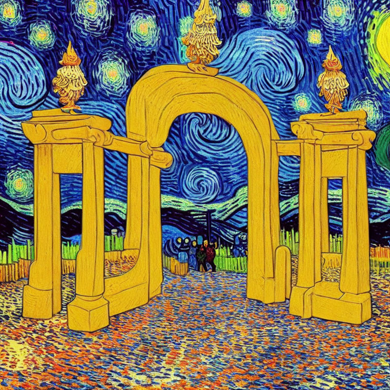 Archway with swirling starry night sky and textured ground in post-impressionist style