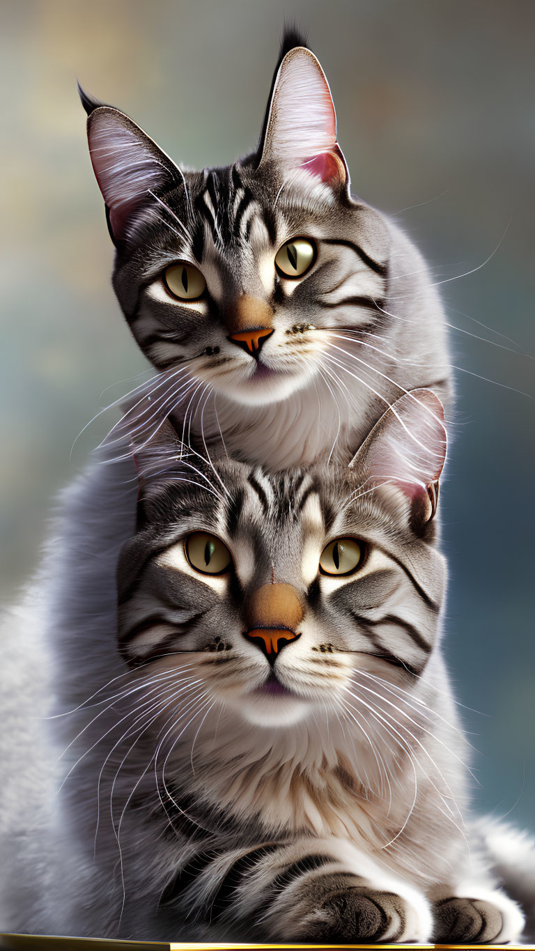 Two tabby cats with green eyes and grey striped fur in whimsical pose against soft background