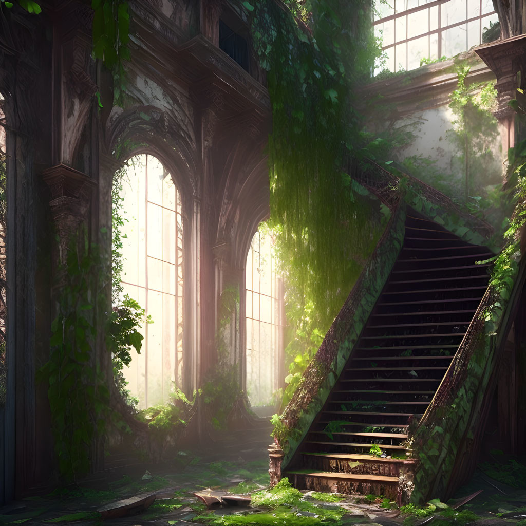 Abandoned room with grand staircase and sunlight through arched windows