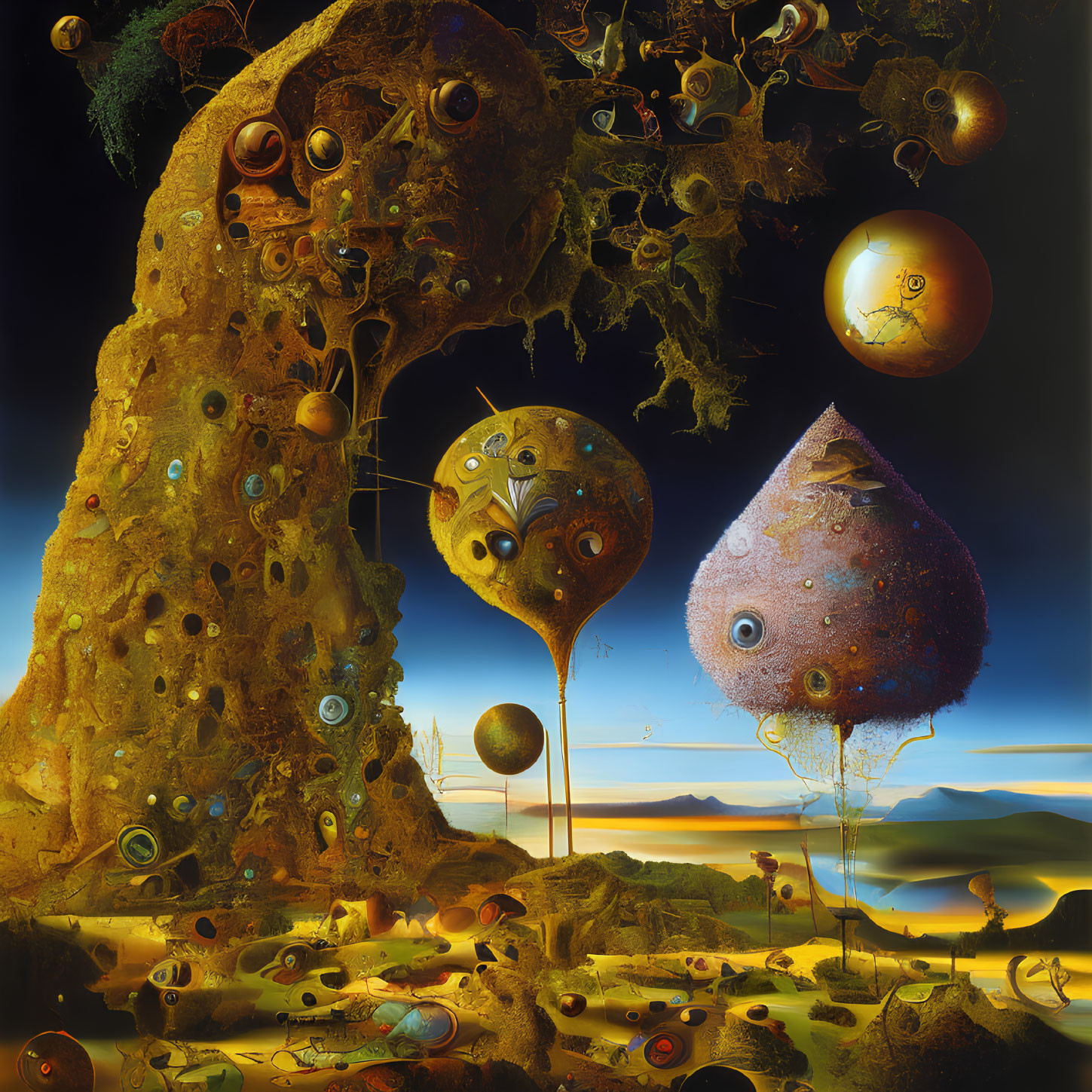 Surreal landscape with floating orbs and eye-like motifs on desert backdrop