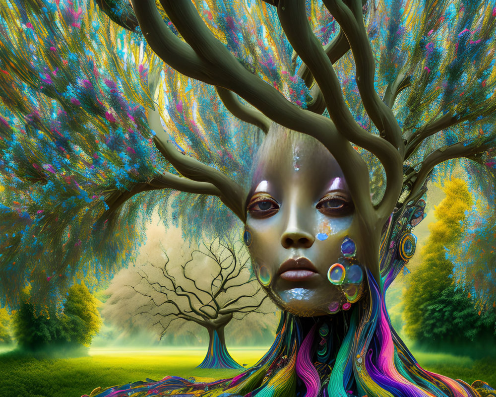 Surreal female figure with tree-like features in vibrant forest landscape