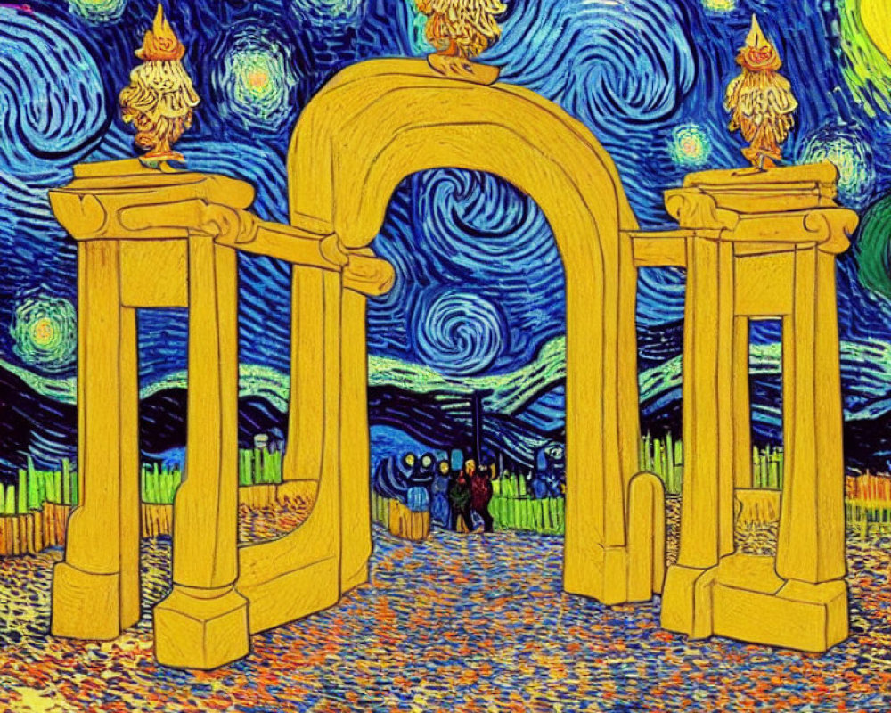 Archway with swirling starry night sky and textured ground in post-impressionist style