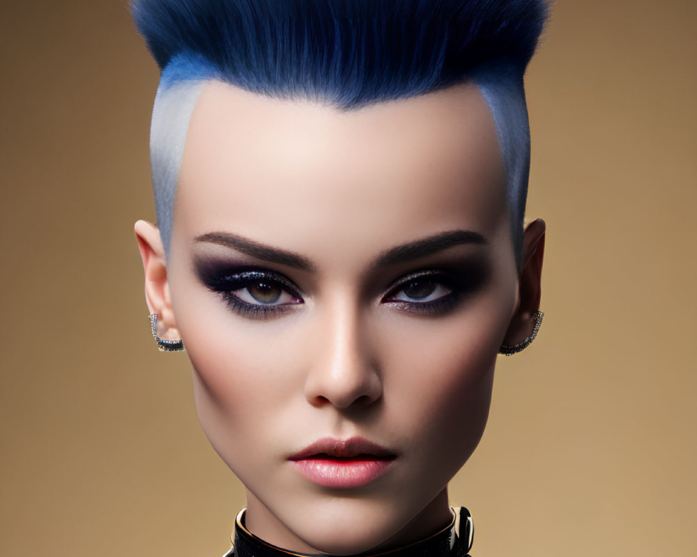 Striking Blue Flat Top Hairstyle with Bold Makeup & Metallic Black Outfit