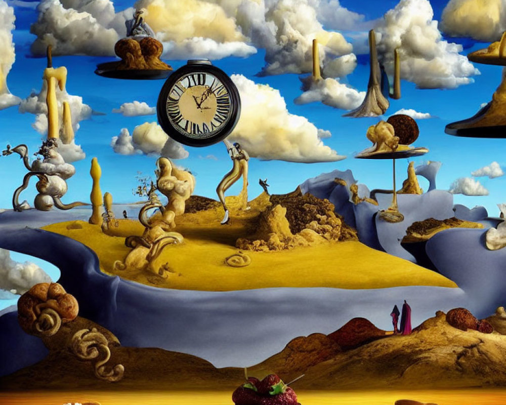 Surrealist landscape with melting clocks and floating timepiece