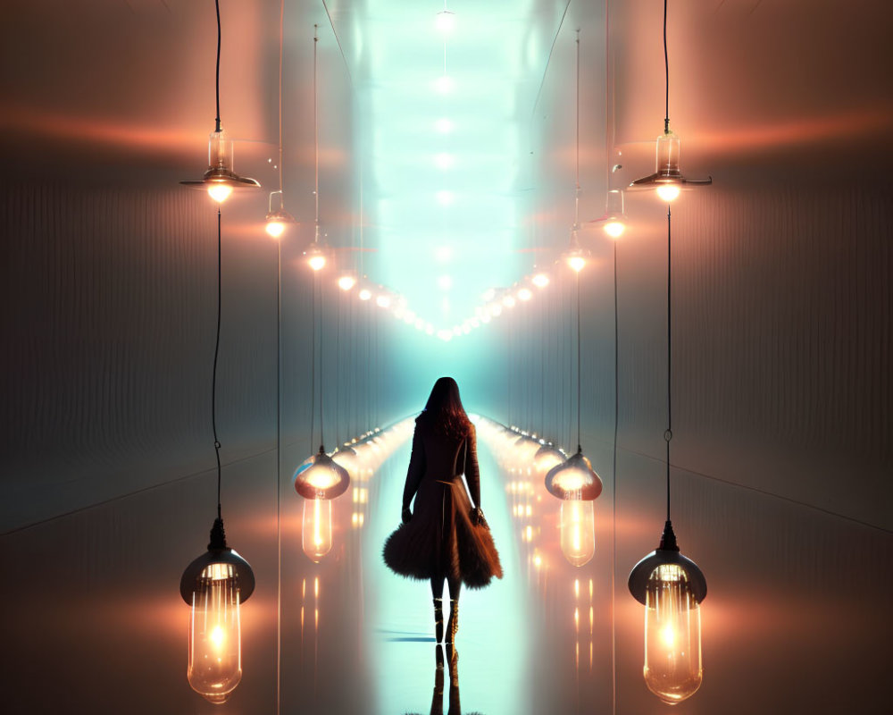 Symmetrical corridor with hanging lights and dramatic atmosphere