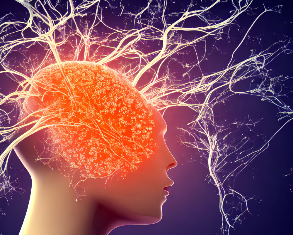 Human head profile with glowing brain neurons on dark background