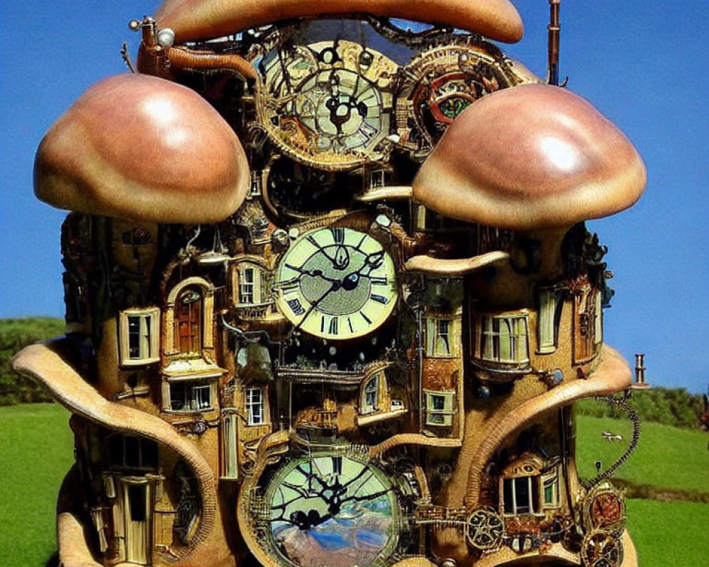 Steampunk-inspired mushroom building with clock faces, gears, and pipes on blue sky and green field