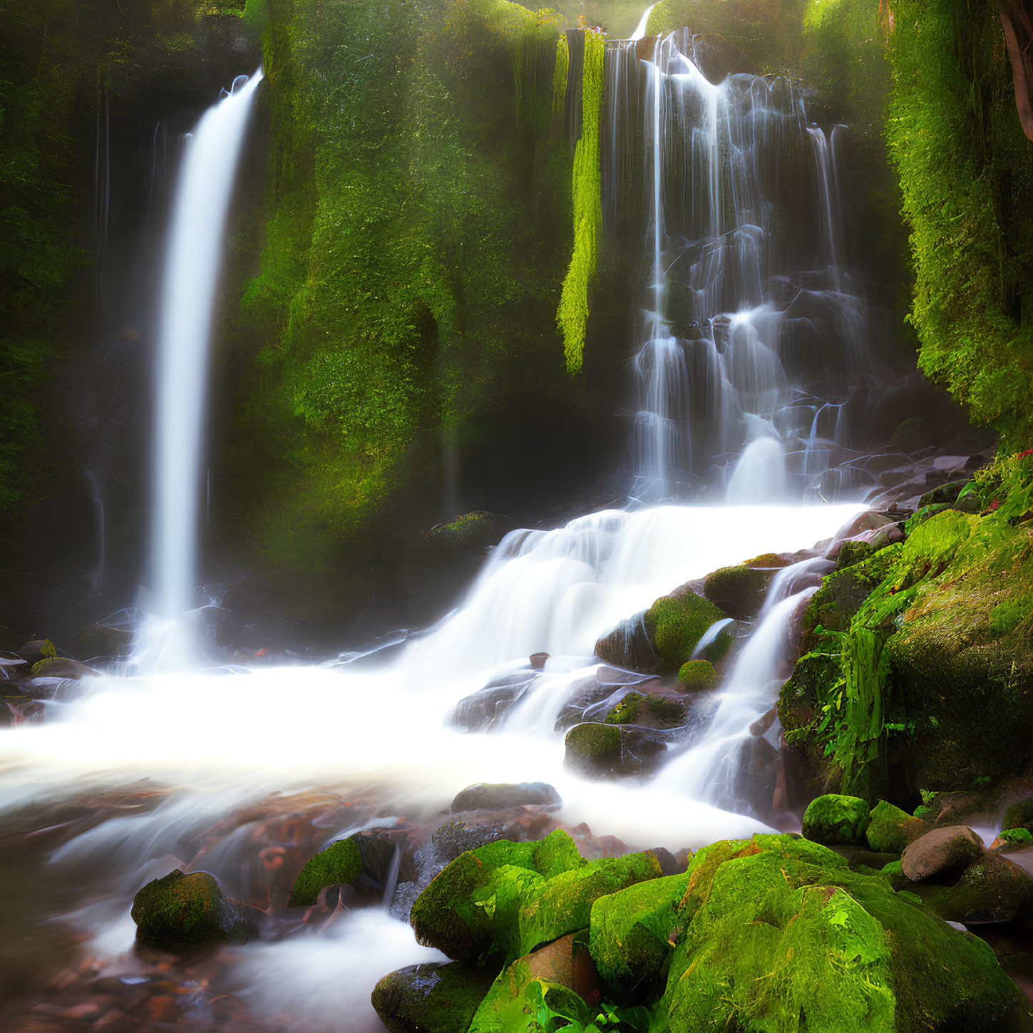 Tranquil waterfall in lush greenery with moss-covered rocks