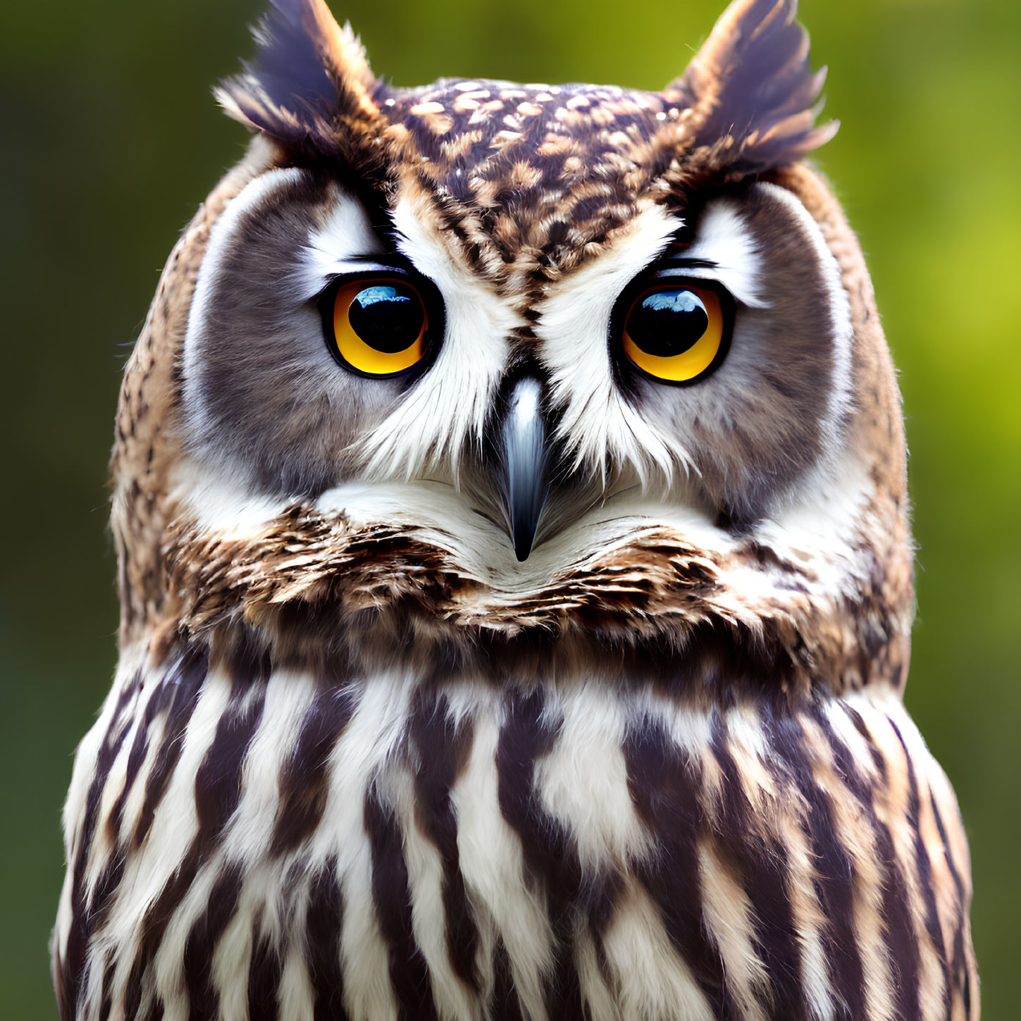 Brown and White Owl with Yellow Eyes and Tufted Ears on Green Background