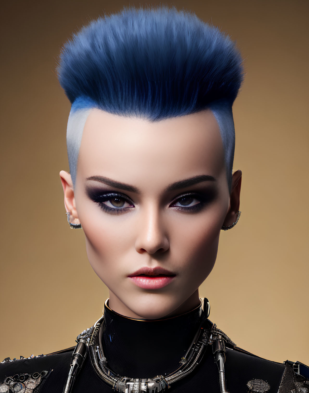 Striking Blue Flat Top Hairstyle with Bold Makeup & Metallic Black Outfit