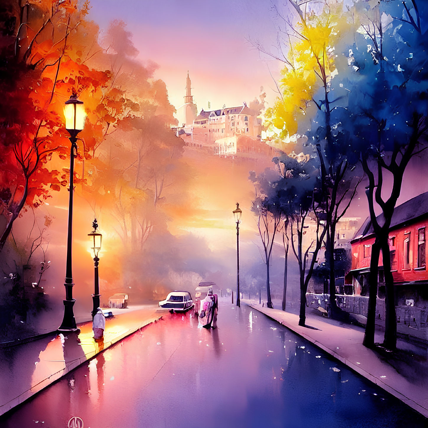 Colorful sunset street scene with silhouettes, vintage car, street lamps, wet pavement, distant