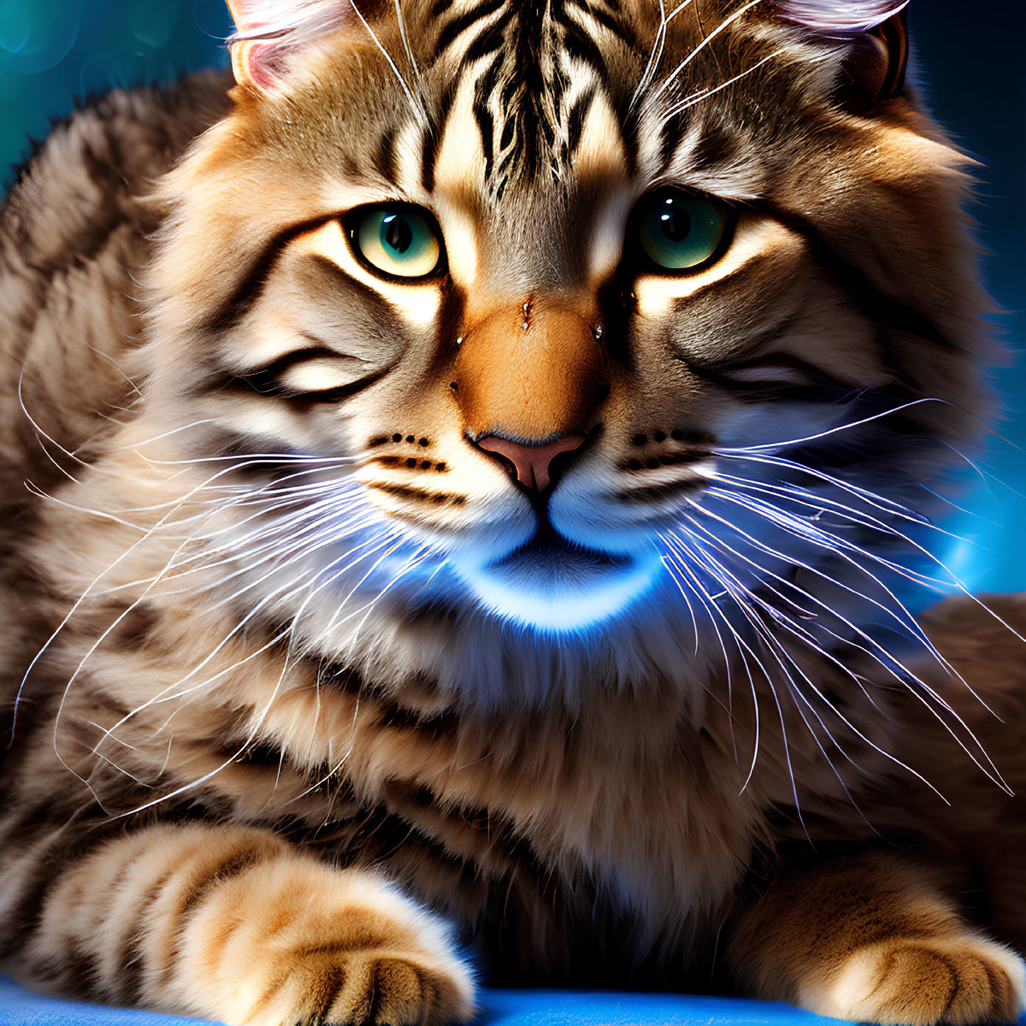 Detailed Digital Artwork: Tiger with Green Eyes on Blue Background