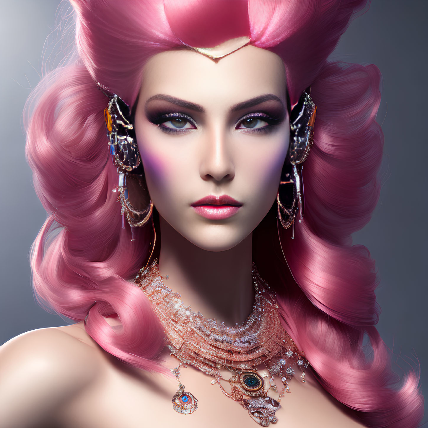 Stylized female with pink hair and ornate accessories on grey backdrop