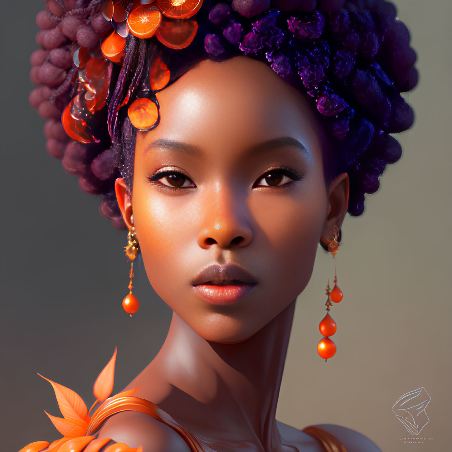 Digital artwork features woman with fruit-adorned hairstyle and citrus accessories against neutral backdrop