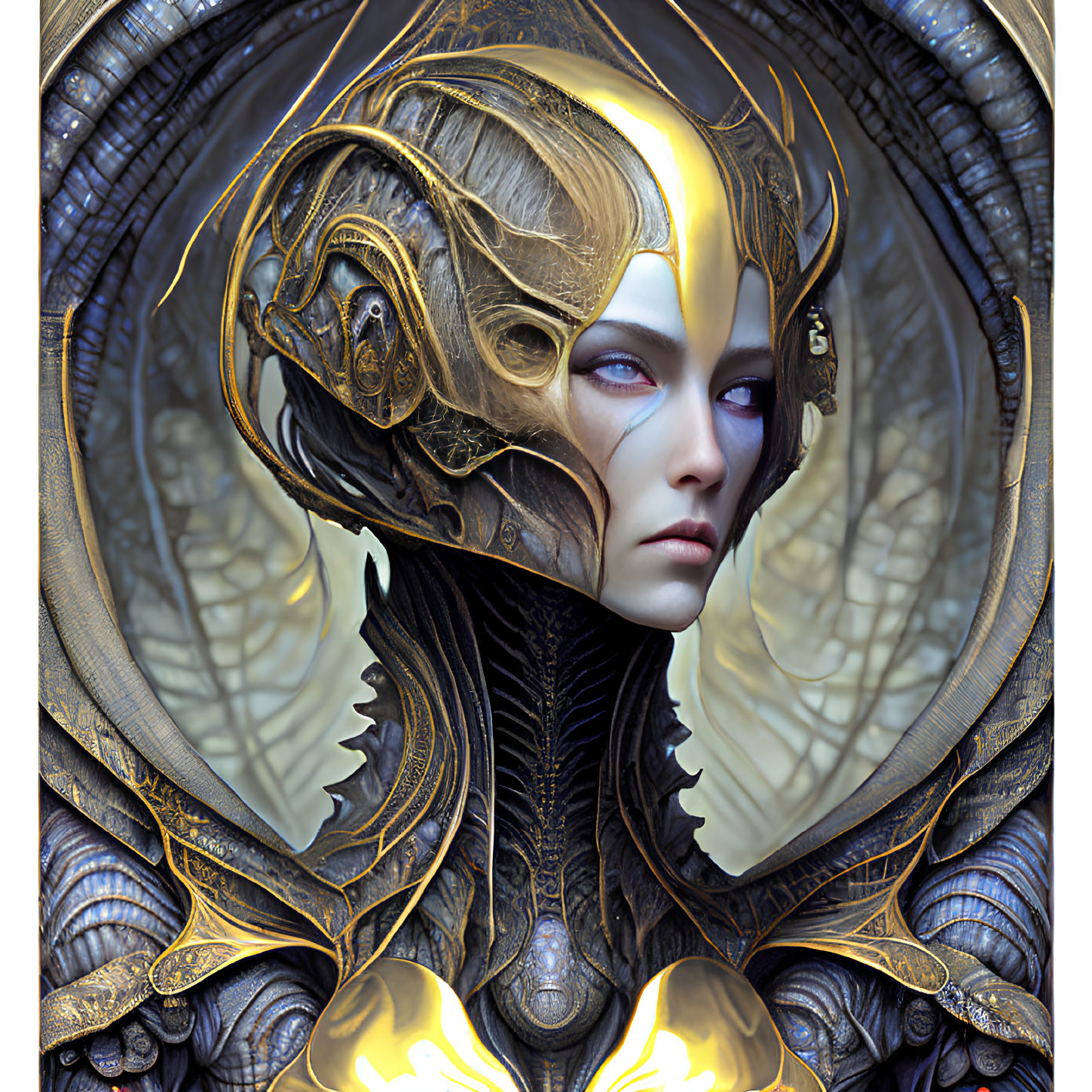 Digital artwork of female figure in gold and black armor with intricate designs and elegant helmet.