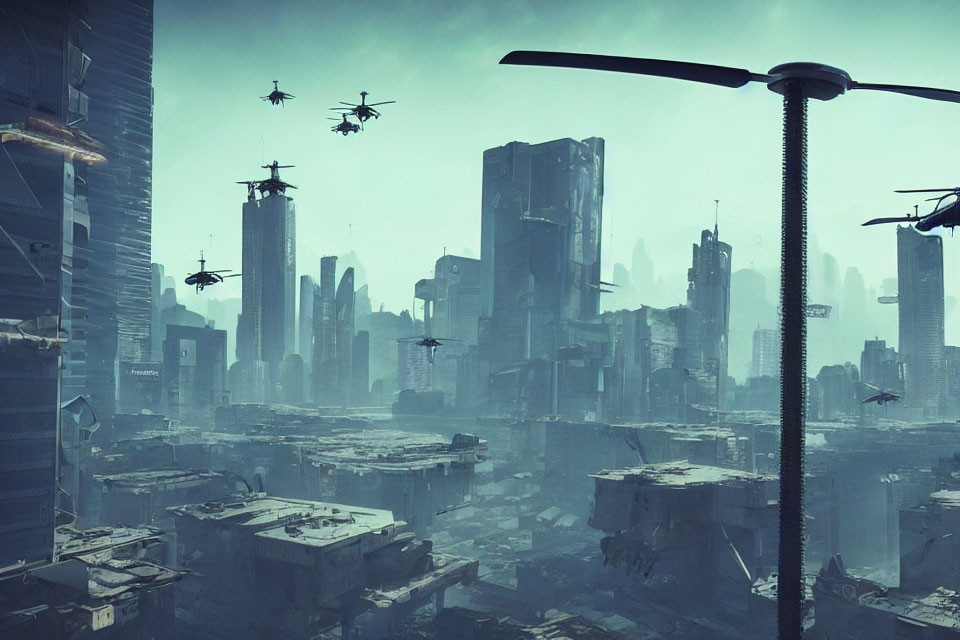 Dystopian cityscape with towering buildings and flying vehicles