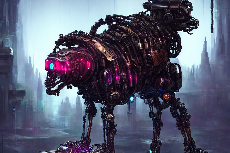 Intricate futuristic mechanical creature with glowing purple lights against misty skyscrapers