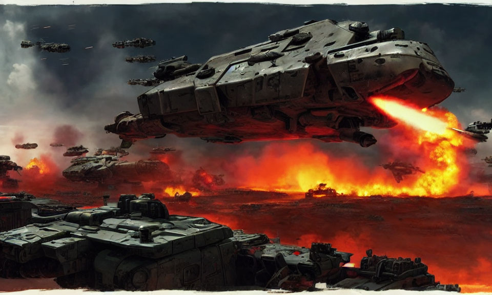 Futuristic aircrafts and tanks in sci-fi battle scene