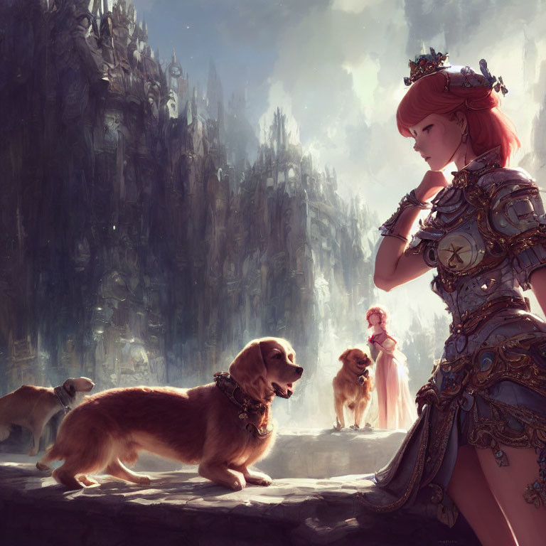 Ornate armor woman with golden retrievers in castle-like setting