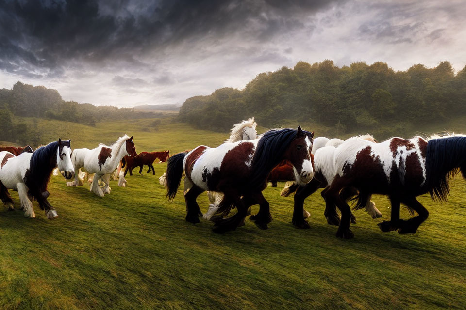 Piebald horses galloping in grassy meadow under dramatic sky