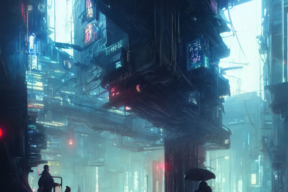 Futuristic cityscape with towering structures and neon signs