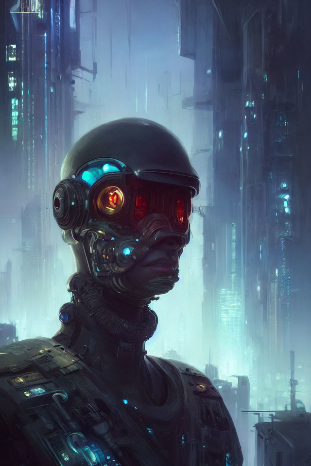 Futuristic robot with visored helmet and red eyes in neon-lit cyberpunk cityscape