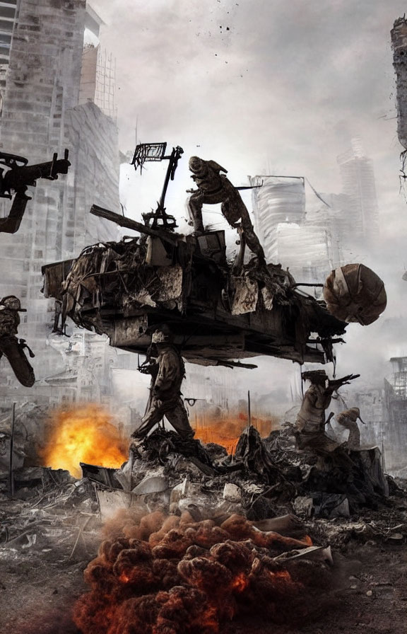 Soldiers in urban warfare amid explosions and rubble on a desolate, fiery battleground.