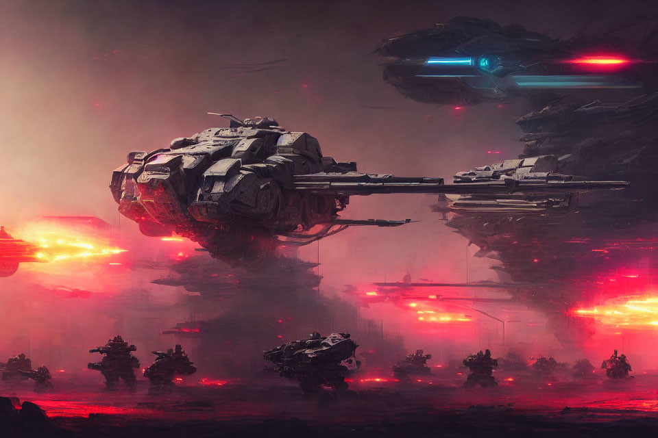 Large Armored Spaceships and Combat Vehicles in Futuristic Battle Scene