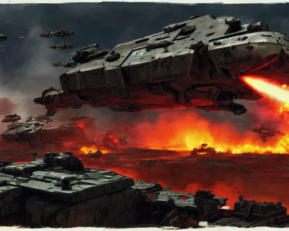 Futuristic aircrafts and tanks in sci-fi battle scene