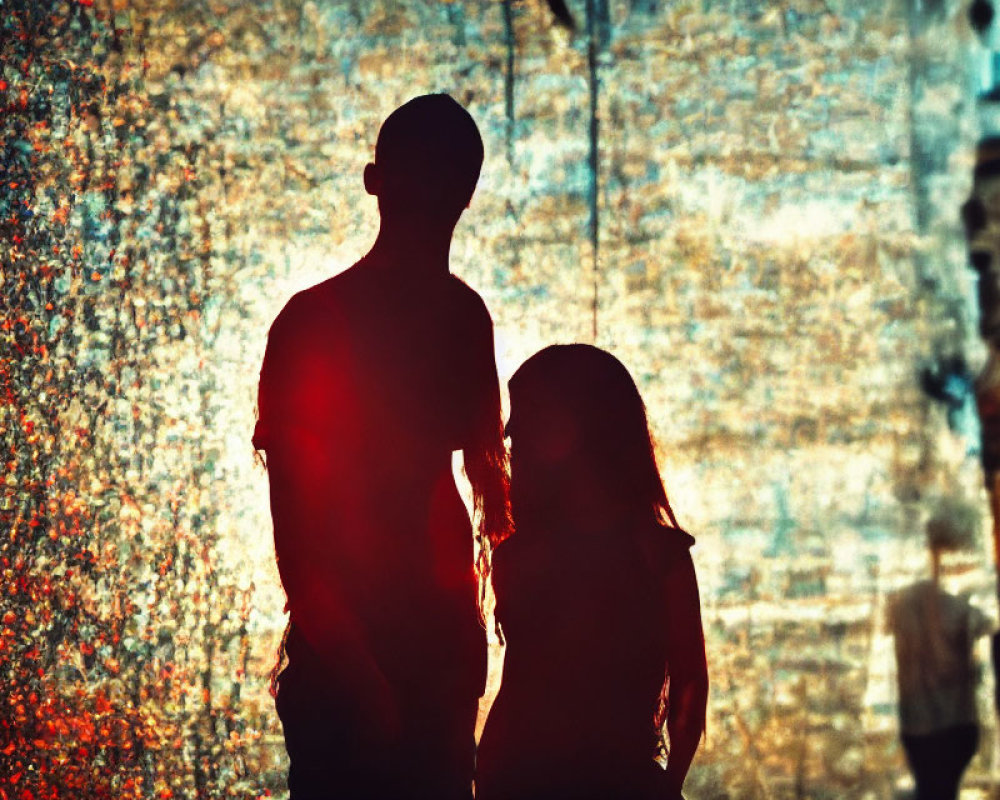 Man and woman silhouettes on colorful textured backdrop with speckled light