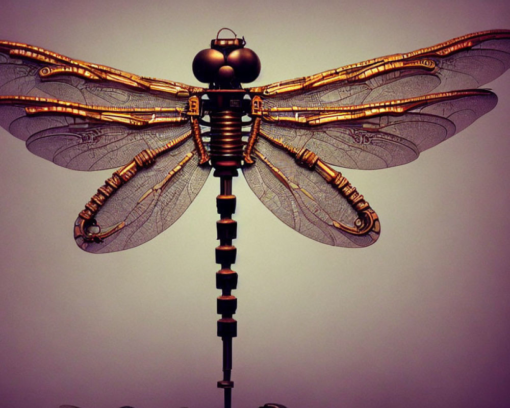 Metallic Dragonfly Sculpture with Detailed Wings on Muted Background