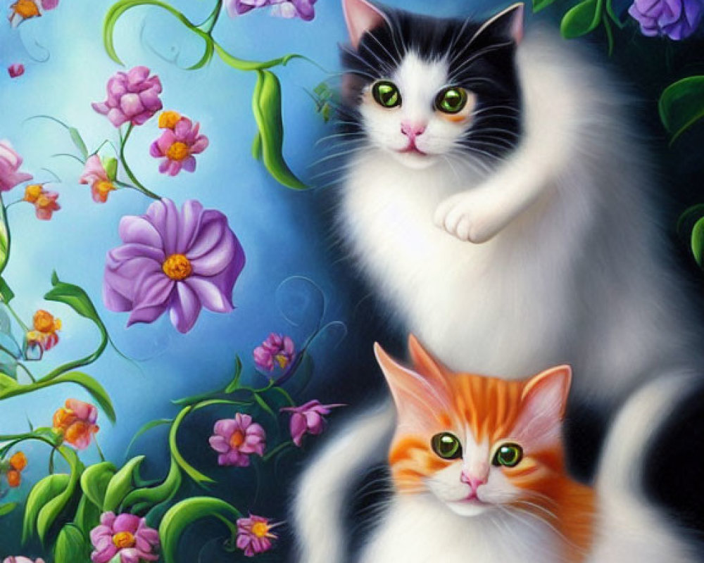 Cartoon cats with bright eyes in vibrant purple flowers on blue backdrop