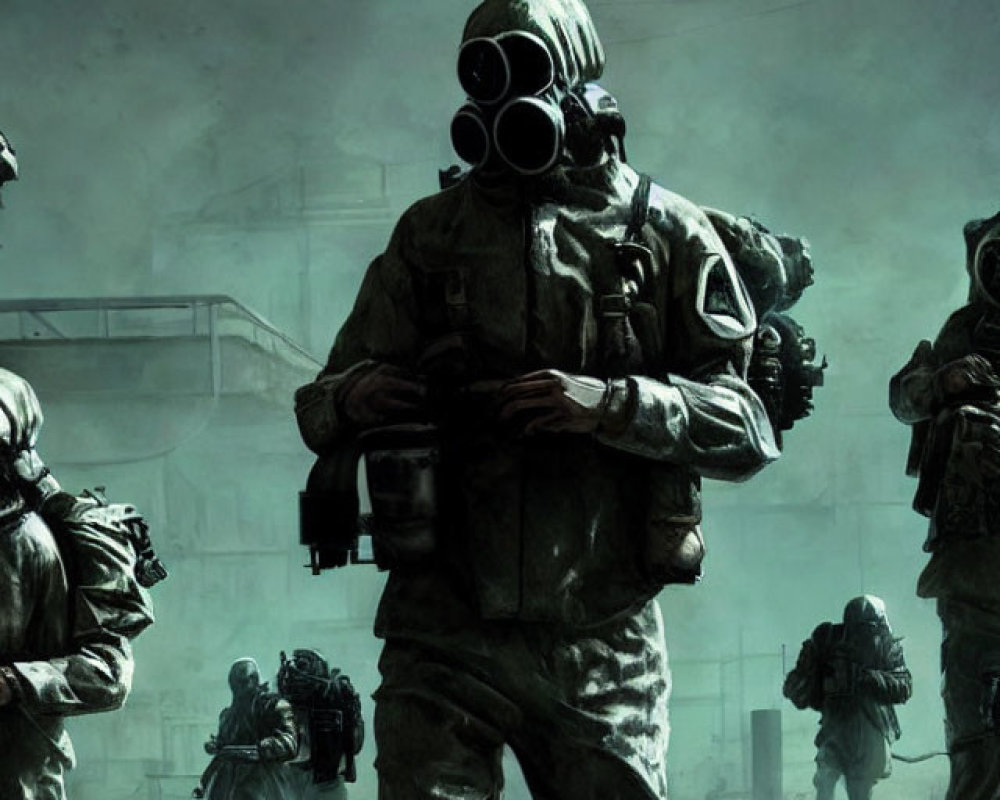 Soldiers in hazmat suits and gas masks in misty, post-apocalyptic scene