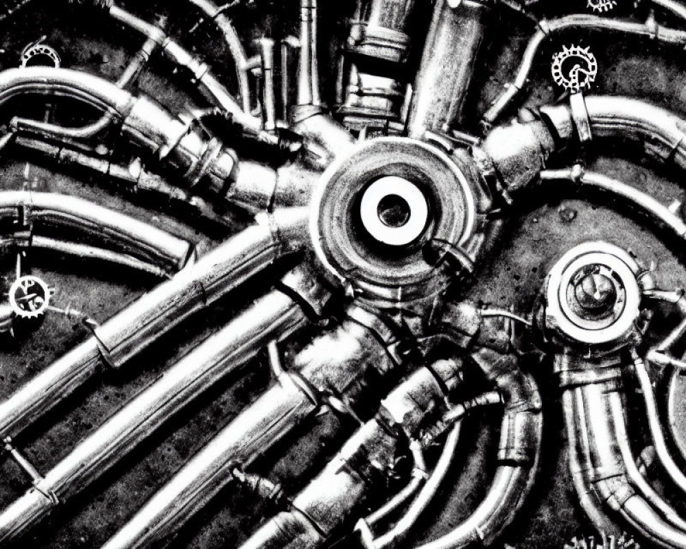 Monochrome industrial steampunk circle with pipes and gears