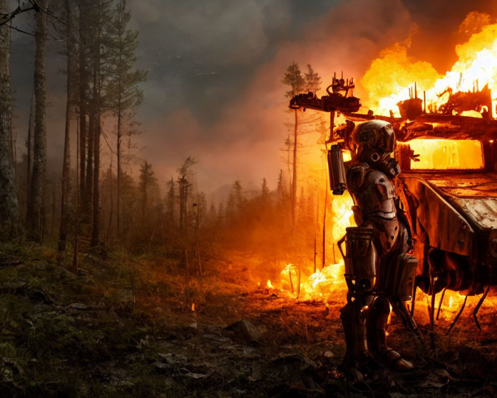 Futuristic soldier in armor beside flaming tank in forest battle